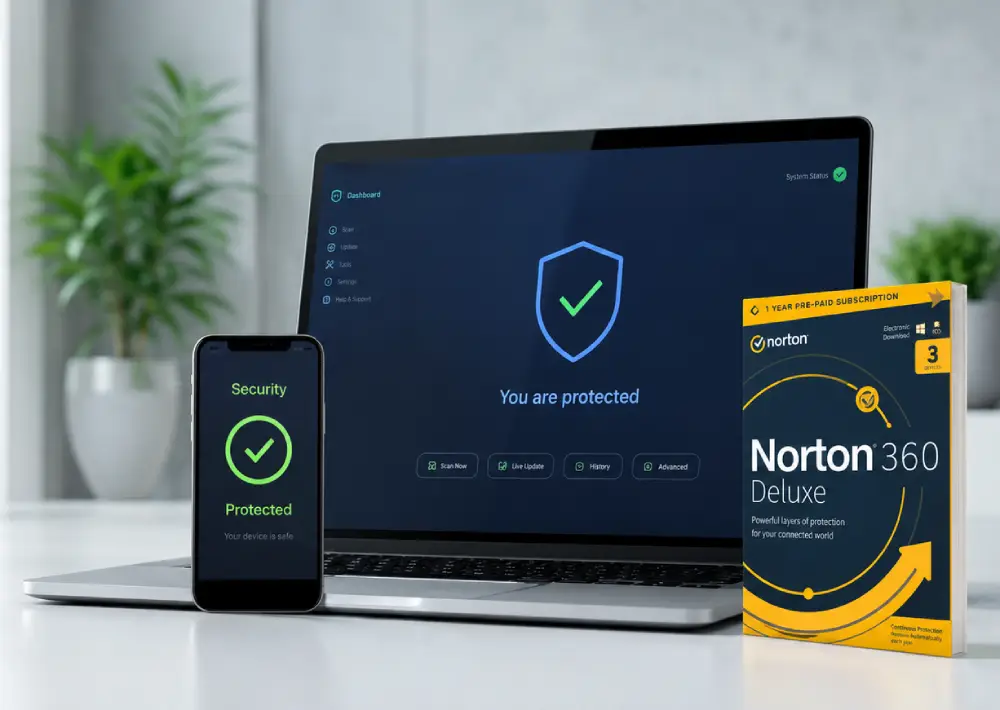Laptop and phone showing protected security status with Norton 360 Deluxe box
